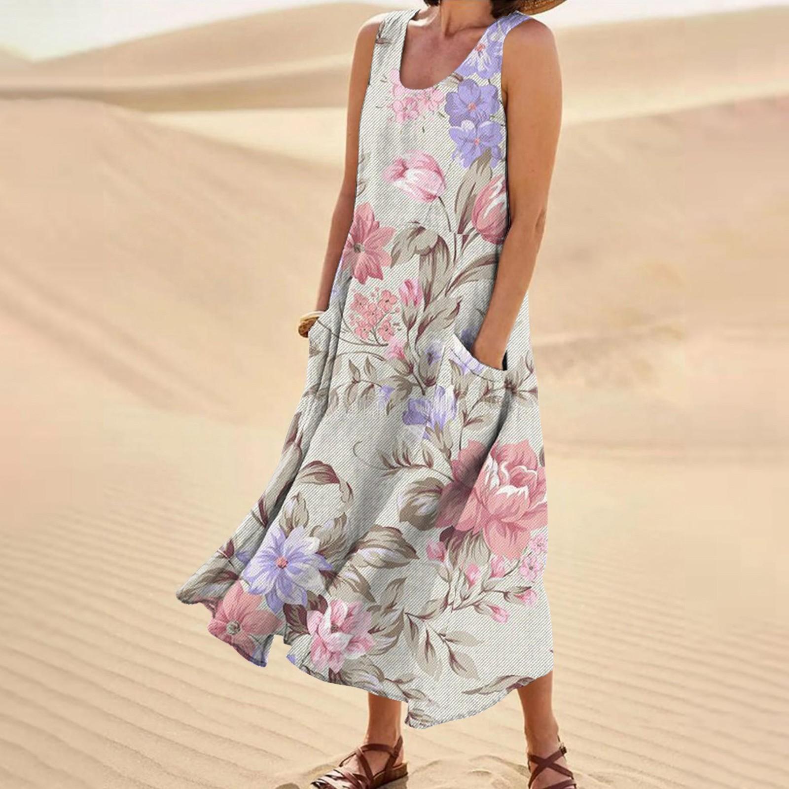 

Женское повседневное удобное хлопковое карманное платье без рукавов с цветочным принтом XXL красный