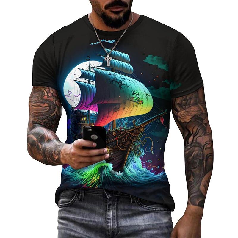 Segelboot Piratenschiff Grafik T-Shirts Herren 3D-Druck Kurzarm Tee Tops Lässig Herren Übergröße Streetwear T-Shirt Ropa Hombre
