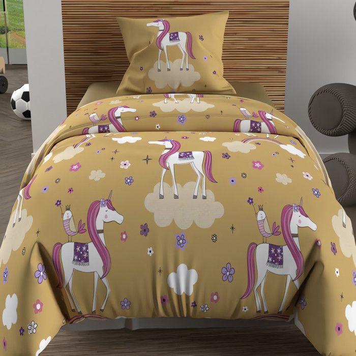 Parure housse de couette 140x200 cm LICORNES jaune, 100% coton 57 fils/cm2, par Soleil d'Ocre