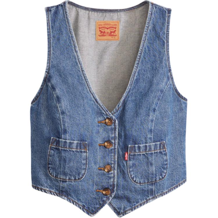 Levis Washed V-Neck Single-Breasted Sleeveless Vest Women Vests Blue A8749-0013