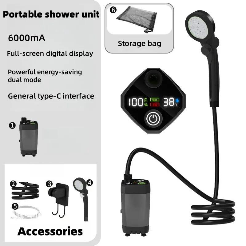

Portable Outdoor Shower 6000mAh Digital Display Camping Showerhead With Type-C Dual Mode Compact Design серый