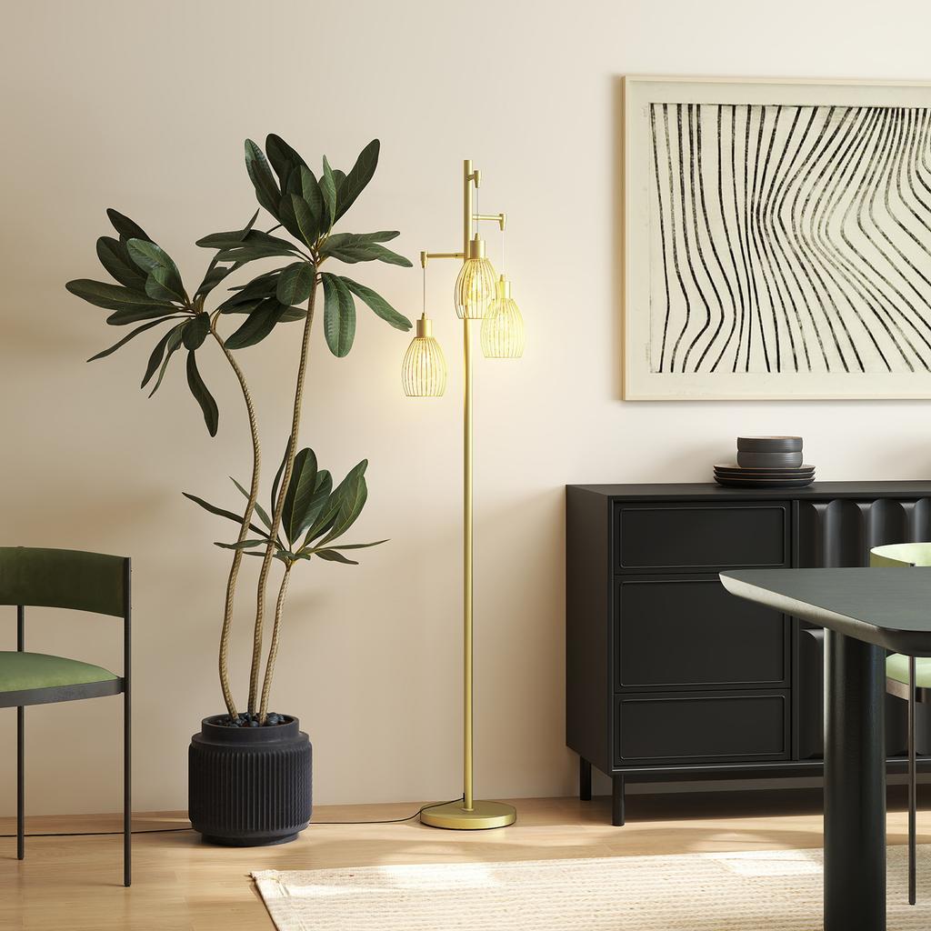 3-Light Floor Lamp, 170cm Industrial Dimmable Standing Lamp with Steel Wire Cage Lampshades for Living Room, Bedroom, Dining Room, Study