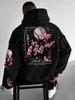 Men Fleece Lined Hoodie Autumn Winter Japanese Cherry Blossom Print Sweatshirt Loose Streetwear Pullover Hooded Top