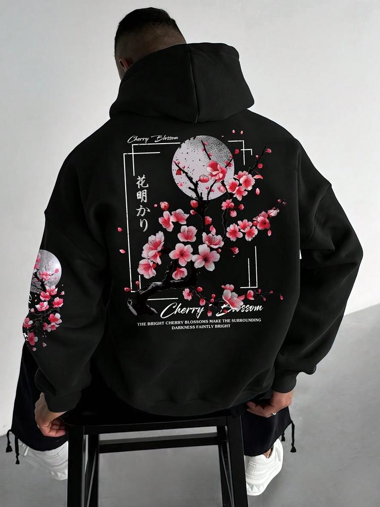 Men Fleece Lined Hoodie Autumn Winter Japanese Cherry Blossom Print Sweatshirt Loose Streetwear Pullover Hooded Top