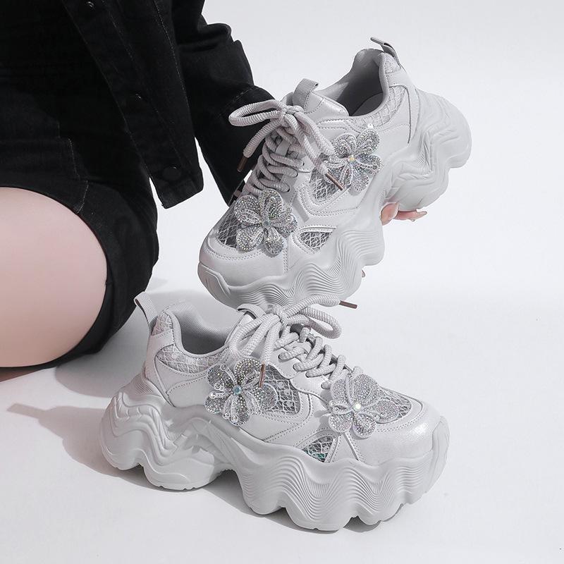 European Goods Heavy Industry Terraced Rhinestone Dad Shoes Women's Ins Tide 2025 Polished Muffin Thick Sole Heightening Casual Sports Shoes