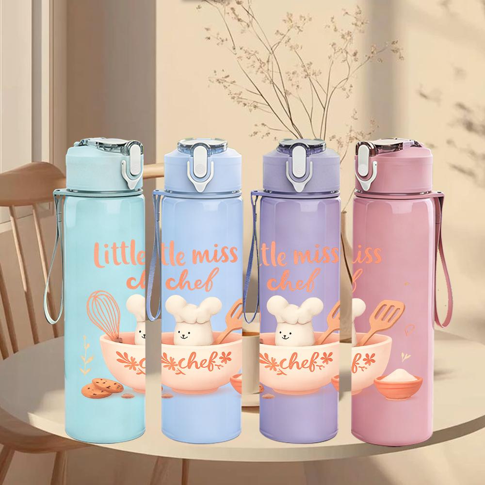 1PC Little Miss Chef Letter Graphic 750ml Color Plastic Sports Water Bottle Leakproof Flip Straw Lid For Sports Office Home Use