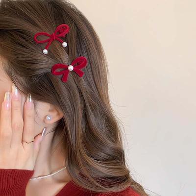 2Pcs Red Velvet Bow Hair Clips for Women Girls Elegant Mini Pearl Bowknot Bangs Side Clip Hairpins Headwear Hair Accessories