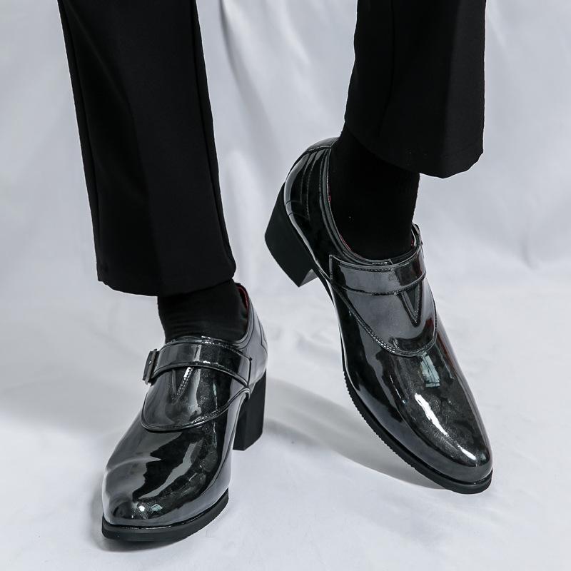 Men's Business Leather Shoes Large Size New Fashion Trend High Heel Outer Heightening Patent Leather Glossy Dress Shoes