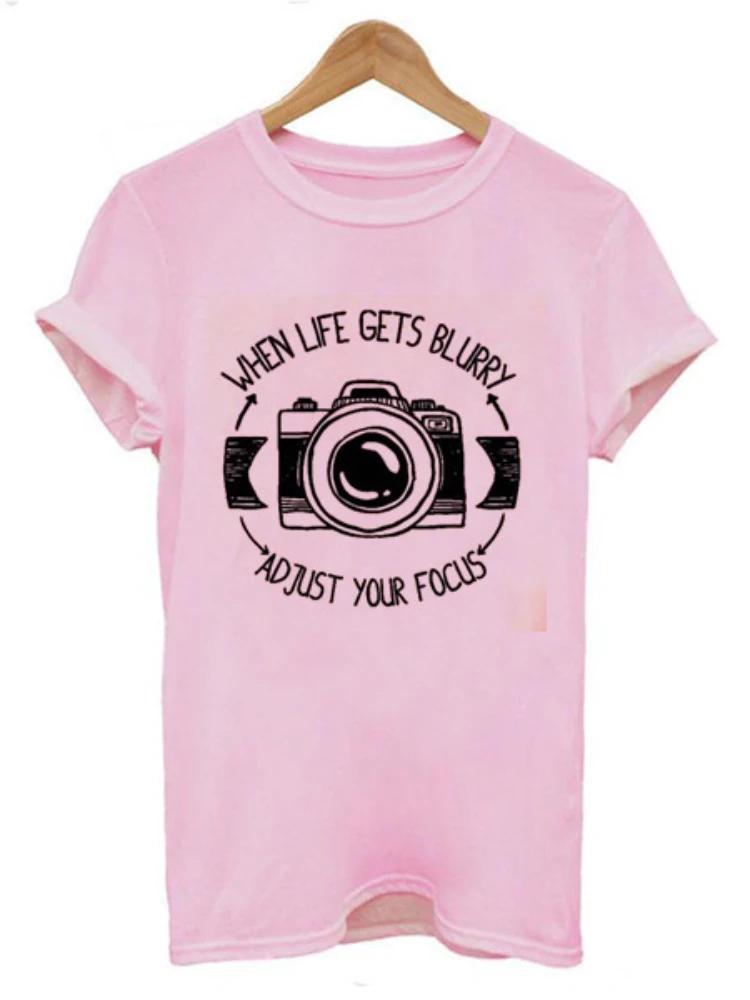 Adjust Your Focus Letter Camera Print T Shirt WoUnisex Short Sleeve O Neck Loose WoUnisex Tshirt Ladies Summer Tee Shirt Tops Clothes