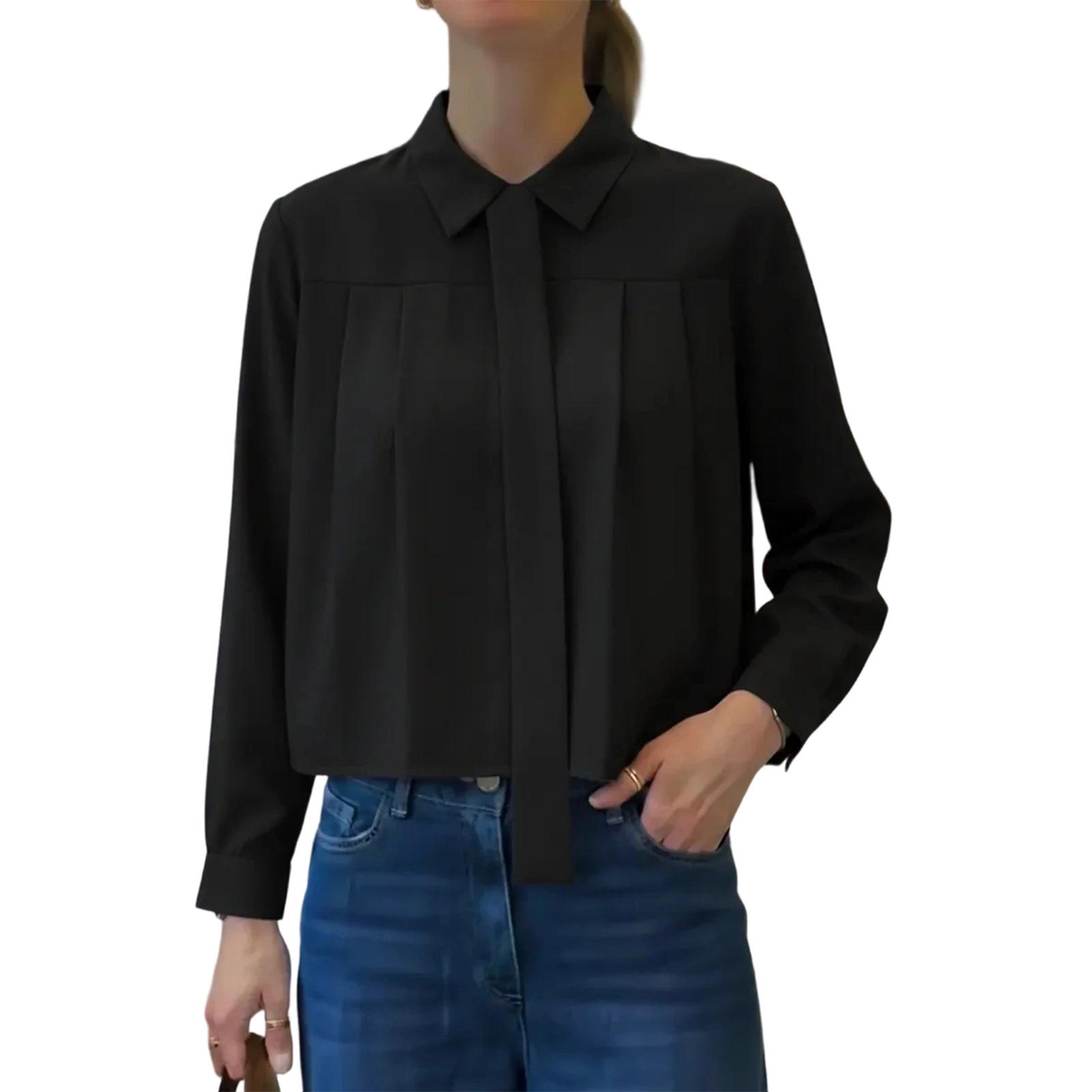 

Женская модная короткая рубашка с лацканами, длинным рукавом и плиссировкой, универсальный топ M чёрный