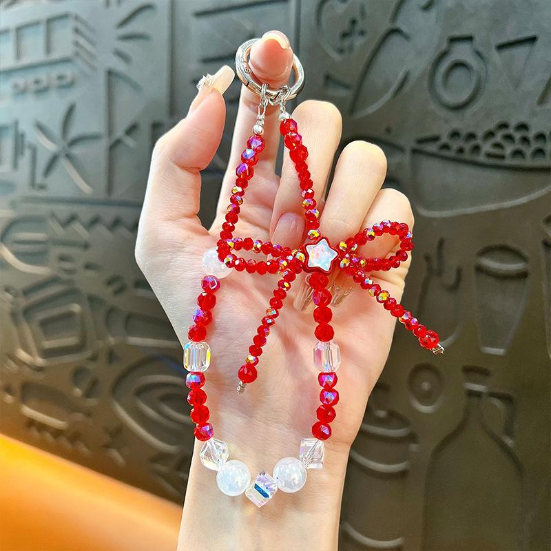 Flash Beaded Mobile Phone Chain Crystal Bow Key Bag Lanyard Pearl Mobile Phone Lanyard Small Gift