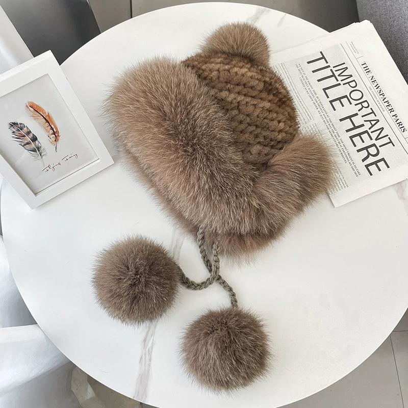 

Mink Hair Lei Feng Hat Women s Autumn and Winter Warm Ear Protection Ski Fur Hat Northeast Fox Rough Edge Ball Snow Hat One size slightly elastic світло-коричневого кольору