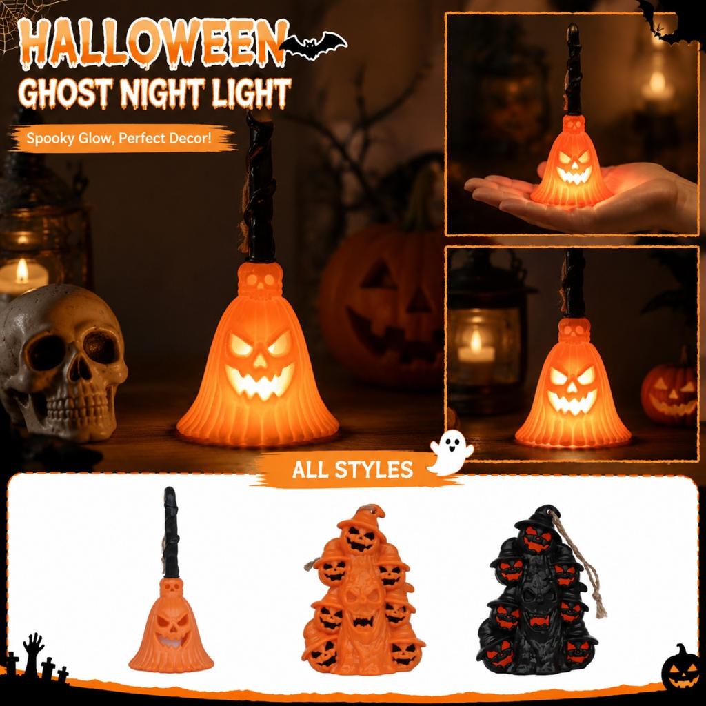 Halloween Ghost Night Light Decorative Figurine with Pumpkin Shape LED Lighting for Holiday Indoor Tabletop Display