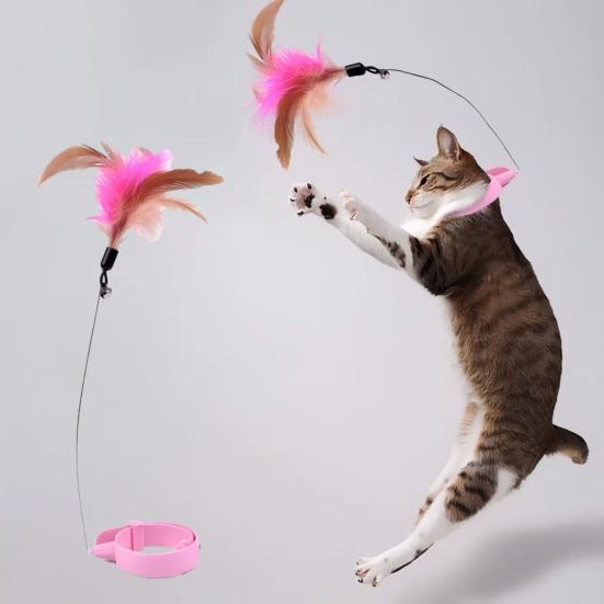 Cat Collar Feather Toy Interactive Cat Feather Wand Toy Hands Free Cat Teaser Wand with Bell Adjustable Collar for Indoor Kitty Solo Play