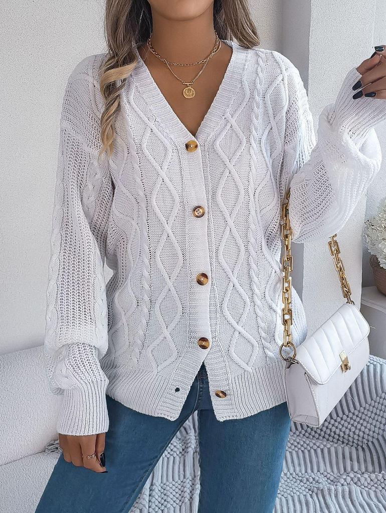 2025 Autumn/Winter V-neck Lantern Sleeve Cable Knit Button Cardigan Sweater for Women