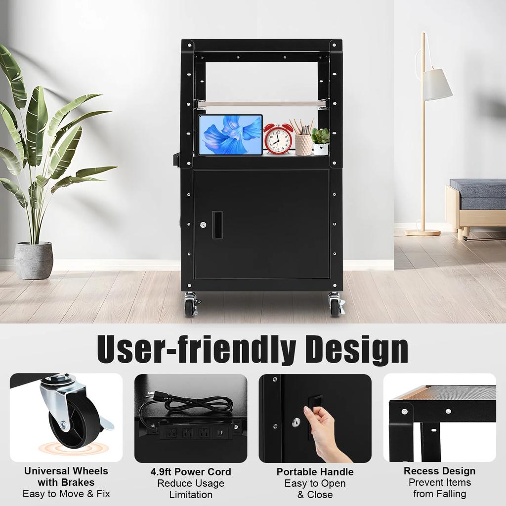 Steel AV Cart with Extra Storage,Rolling Projector Utility Cart with Locking Cabinet, Pullout Keyboard Tray and Cord Management