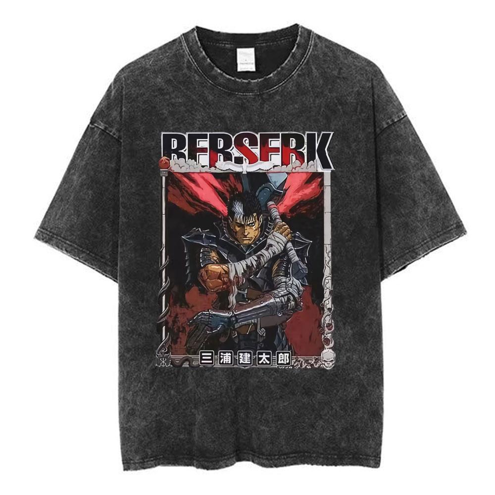 Japanese Anime Berserk Guts Vintage Washed T Shirt Griffith Swordsman Gatsu Sacrifice Zodd T-shirts Unisex Cotton Casual T-Shirt