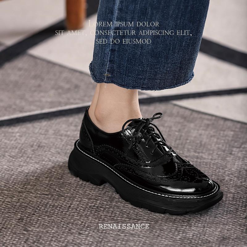 Fashion Oxfords Shoes for Women Real Cow Leather Lace Up Round Toe Black White Vintage Brogue Shoes Female 2025 Spring Platform Shoes