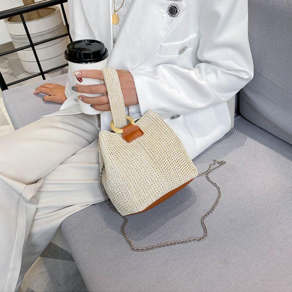 Korean Style Woven Handbag Solid Color Small Phone Bag Fashion Straw Bucket Bag  Vacation