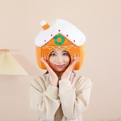 Gingerbread House Plush Hat Funny Handmade Headpiece for Halloween Festival Kids
