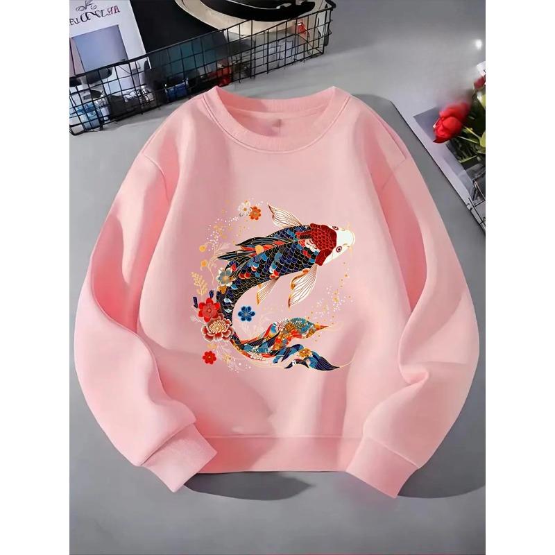 Girls' Crewneck Sweatshirt - Koi Fish Floral Pattern Artwork Design Machine Washable, Spring And Autumn, Sportswear And Casual Wear, Soft