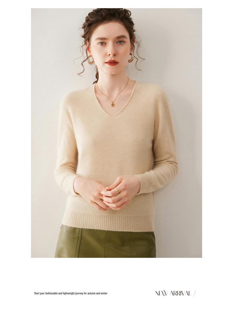 Women's V-Neck Solid Color Cashmere Sweater - Loose Fit, Soft Knit Pullover for Autumn/Winter