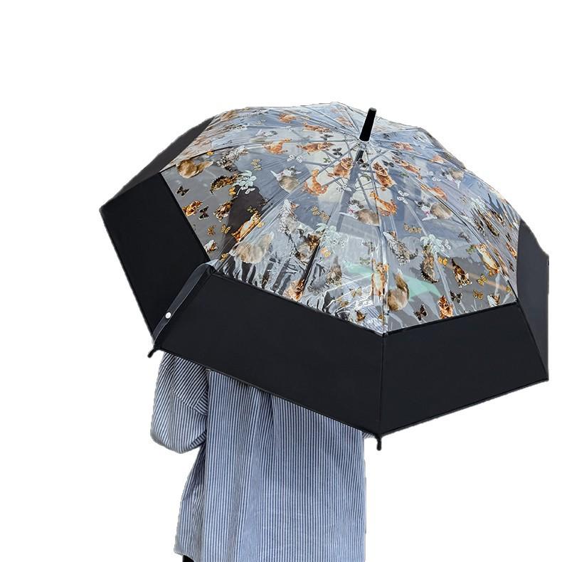 Umbrelă Transparentă Drăguță cu Pisici - Elegantă Semi-Automată cu Mâner Lung pentru Femei