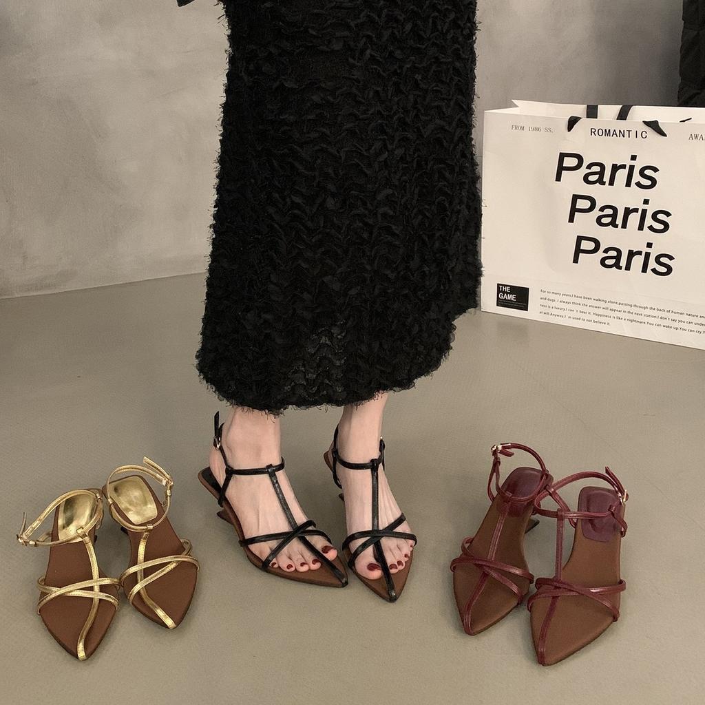 Niche high-end slope heel pointed sandals fairy shoes 2025 summer temperament with skirt thin strap Roman shoes