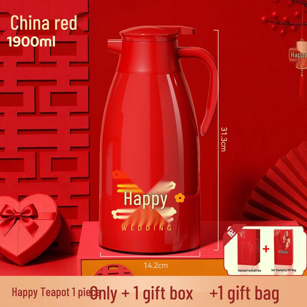 Red Glass Liner Electric Kettle & Thermos Set - Insulated Household Water Bottles for Weddings