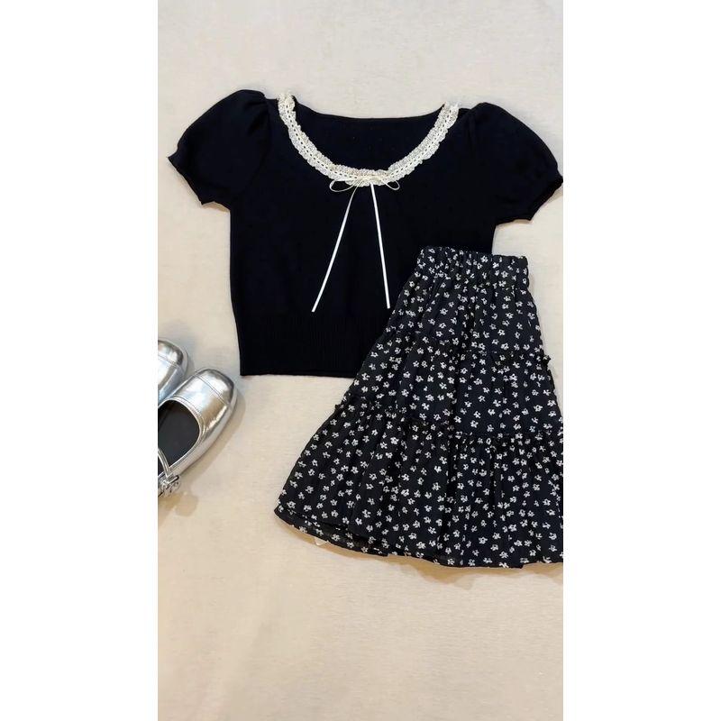 

Летняя черная футболка с бантом во французском стиле, ажурная, из ледяного шелка, вязаная, с коротким рукавом, женский кружевной короткий топ-рубашка Black 2XL