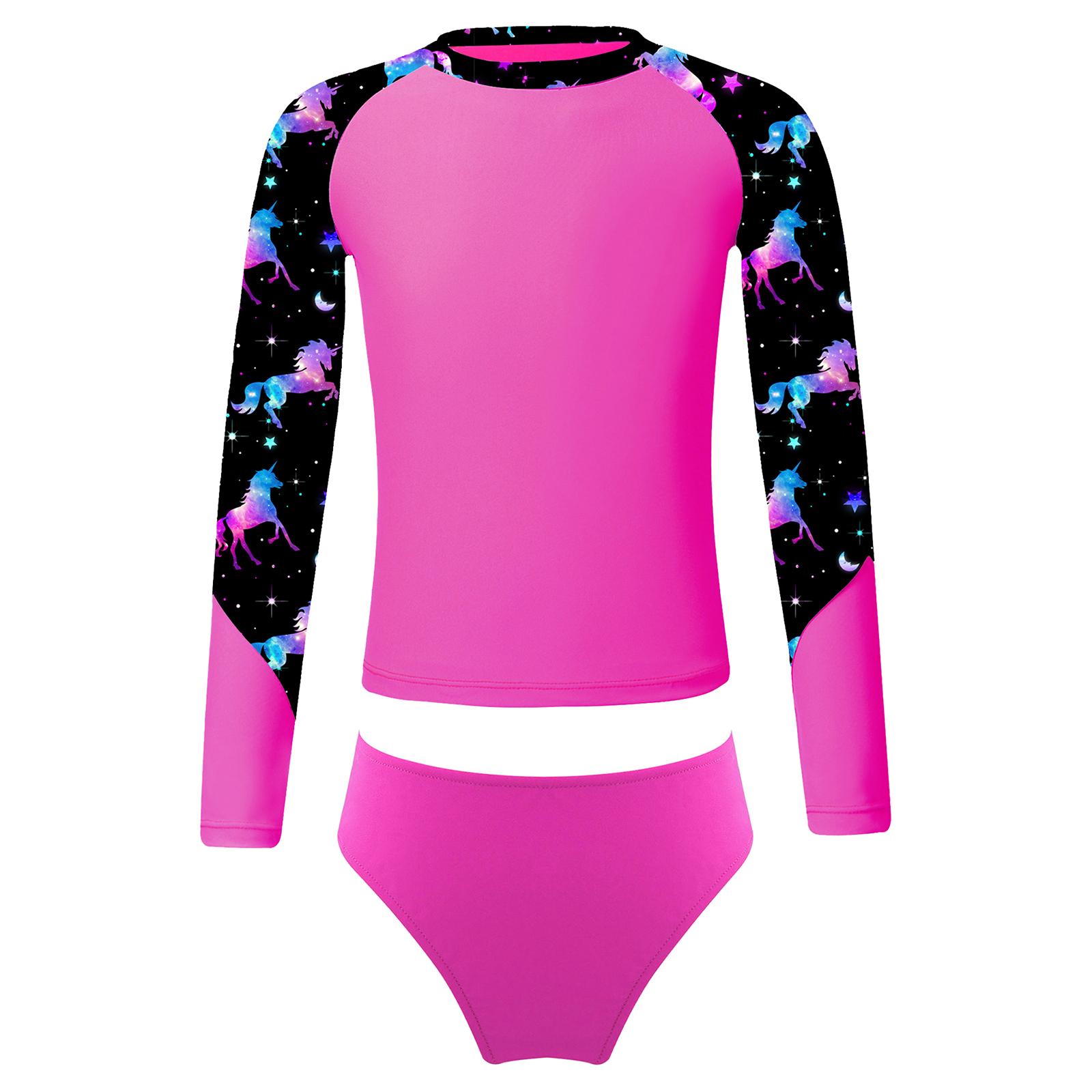 

Girls Long Sleeve Swim Set Printed Mock Neck Rash Guard Top Swim Briefs UPF 50 Sun Protective Beach Pool Outfit 13-14 Years