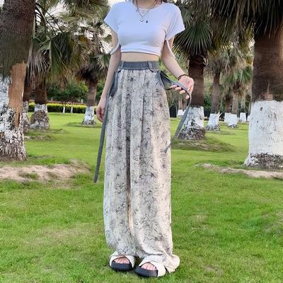 Pantalon évasé en mousseline tie-dye soie glacée taille haute avec pendentif style d'été fin montrant les jambes longues pour femmes ample droit décontracté pour la marche