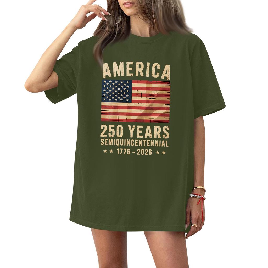 Women's Casual Fashion Round Neck Casual American Flag Print Short Sleeve T-Shirt Top