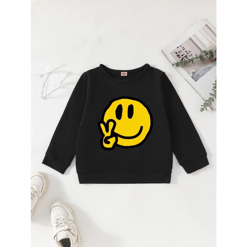 European Size Boys' Kids Sweatshirt - Fashion Style "Victory Hand and Joyful Face" Print - Suitable for Spring and Autumn Seasons, Outdoor Casual Wear