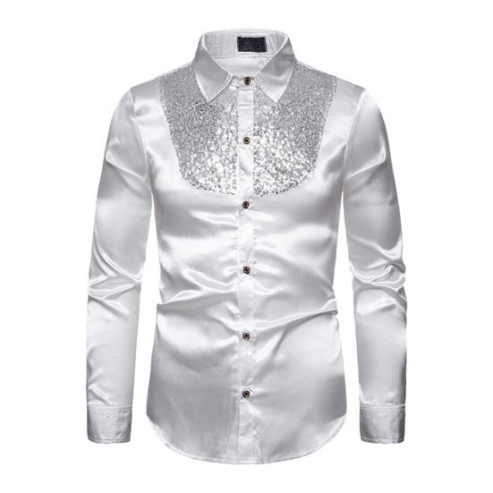 Men Retro Glossy Shirt Lapel Button-up Shirt with Sequins Vintage Formal Shirt for Disco Bars Nightclubs Parties