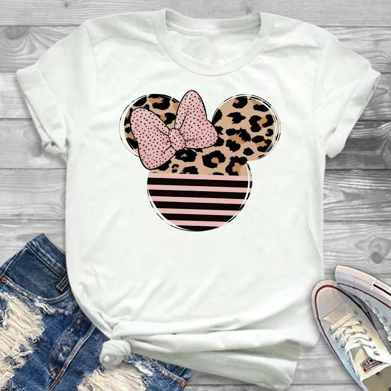 Cartoon Kawaii Tees Mickey Mouse Minnie Leopard Print T Shirt Funny Streetwear T-shirt Casual Tops Gift Unisex