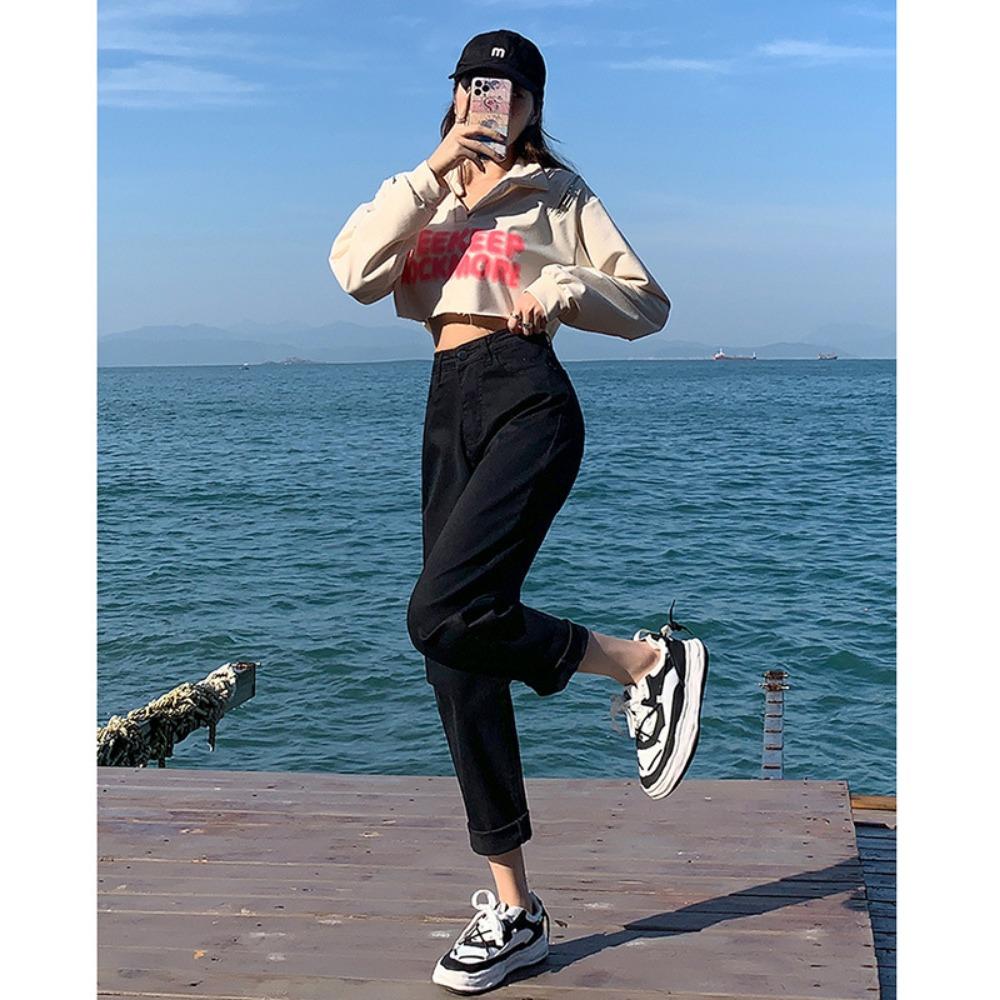 Commuter high-waisted jeans women's autumn and winter new Korean version loose casual versatile Harlan pants dad ins tide