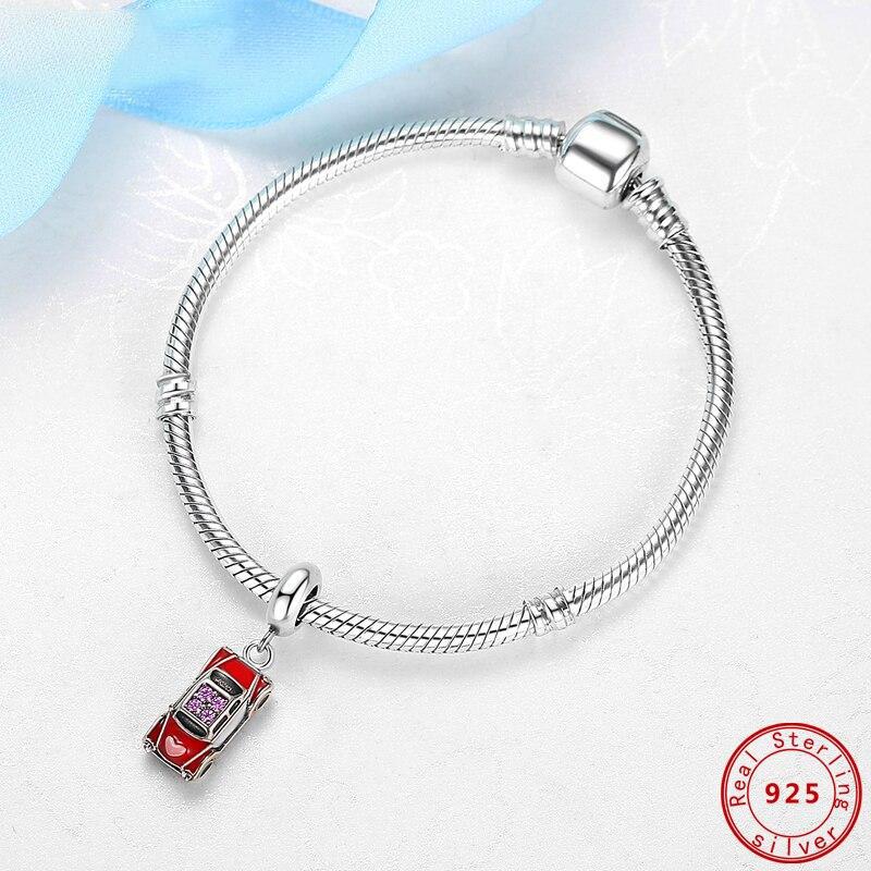 925 Sterling Silver Charm Fit Mode Armband Original Bröllopsbilar Hänge Berlocker Kristallröd Emalj Gör-det-själv smycken