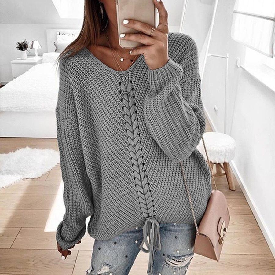 Fall Winter New Women's Long Sleeve Loose V-Neck Drawstring Backless Pullover Knit Sweater Women's Clothing