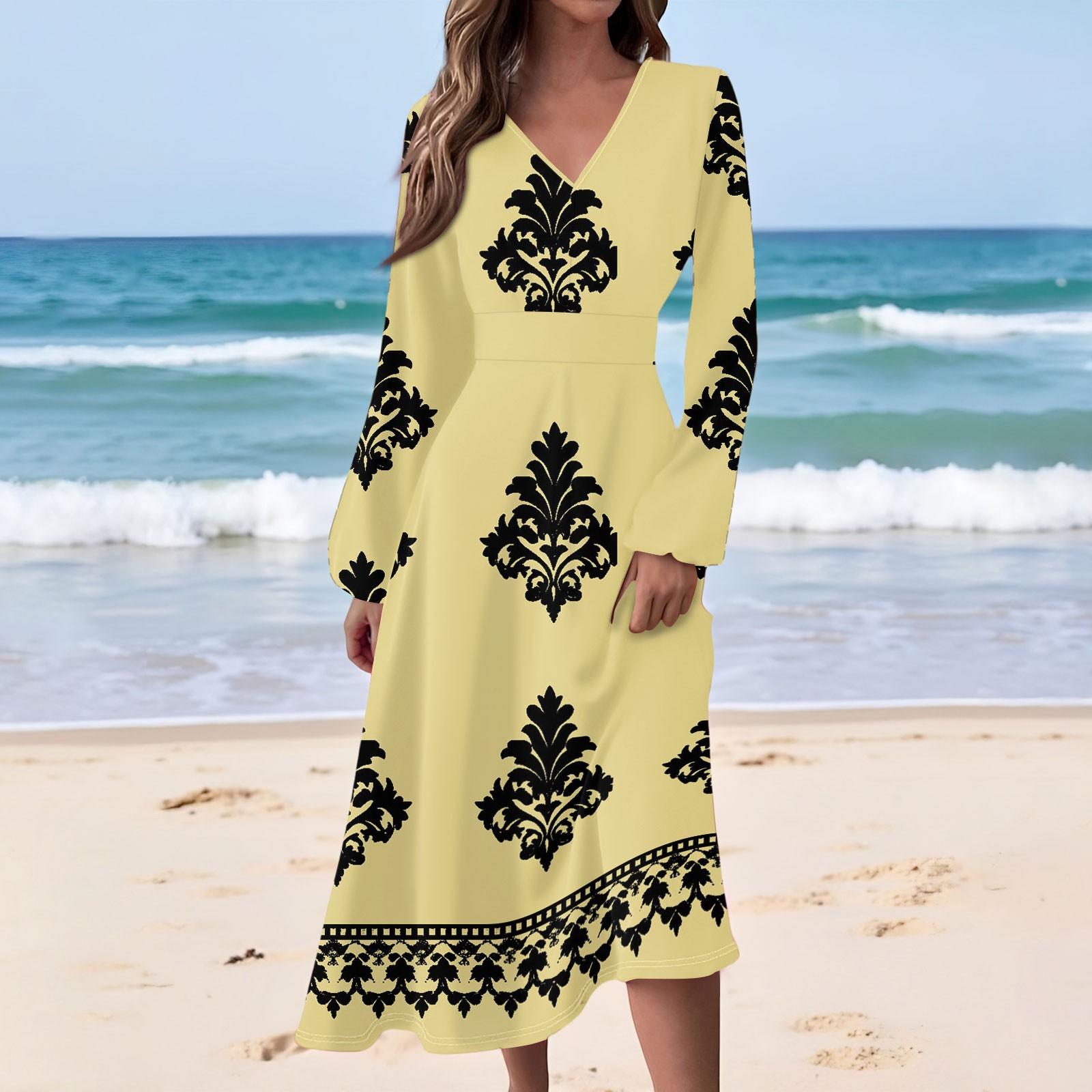 

Women s Casual Fashion Retro Print V-neck Long Sleeve Waist Long Dress XL жовтий