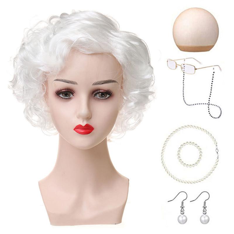 Versatile Short Curly Costume Wig Set For Grandmother Character Halloween Dress Up