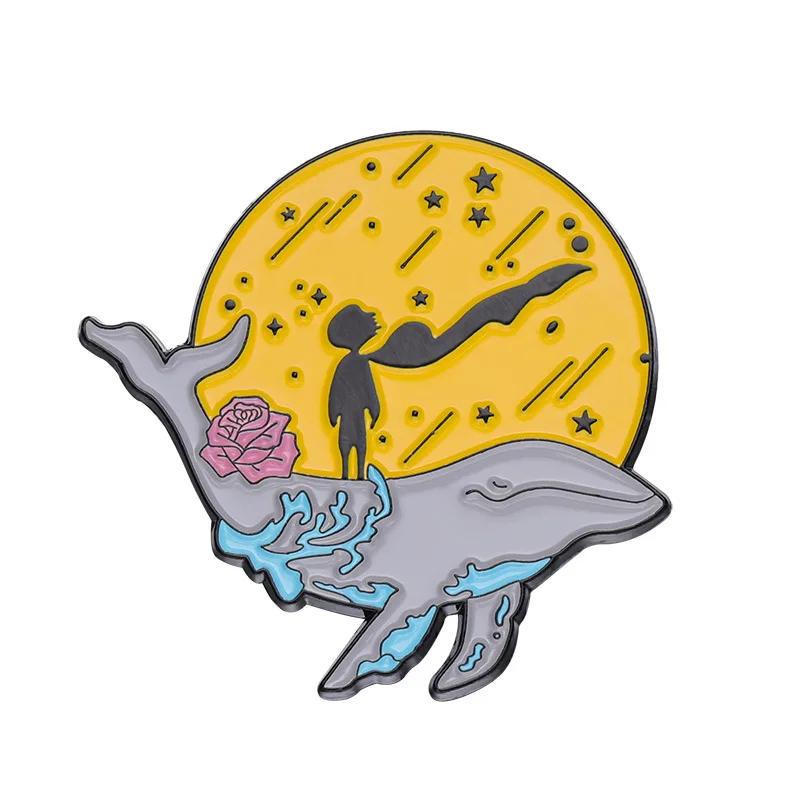 Prince Fox Enamel Pins Custom Moon Star Paper Boat Whale Brooches Lapel Badges Cartoon Jewelry Gift for Kids Friends