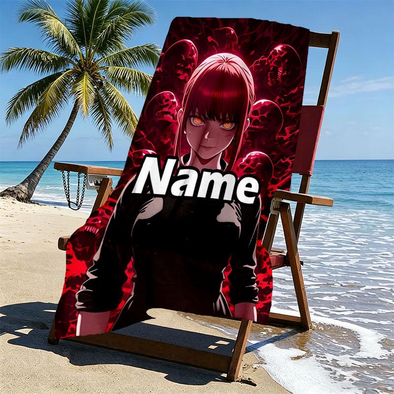 Custom Name Personalized Makima Chainsaw Man Print Beach Towel, for Trip Camping Beach Party Home Decor, Birthday Gift for Family & Friends
