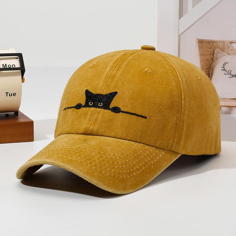 Cat Embroidery Washed Baseball Cap Versatile Fashion Daddy Cap Adjustable Sunscreen Sports Cap Spot Black