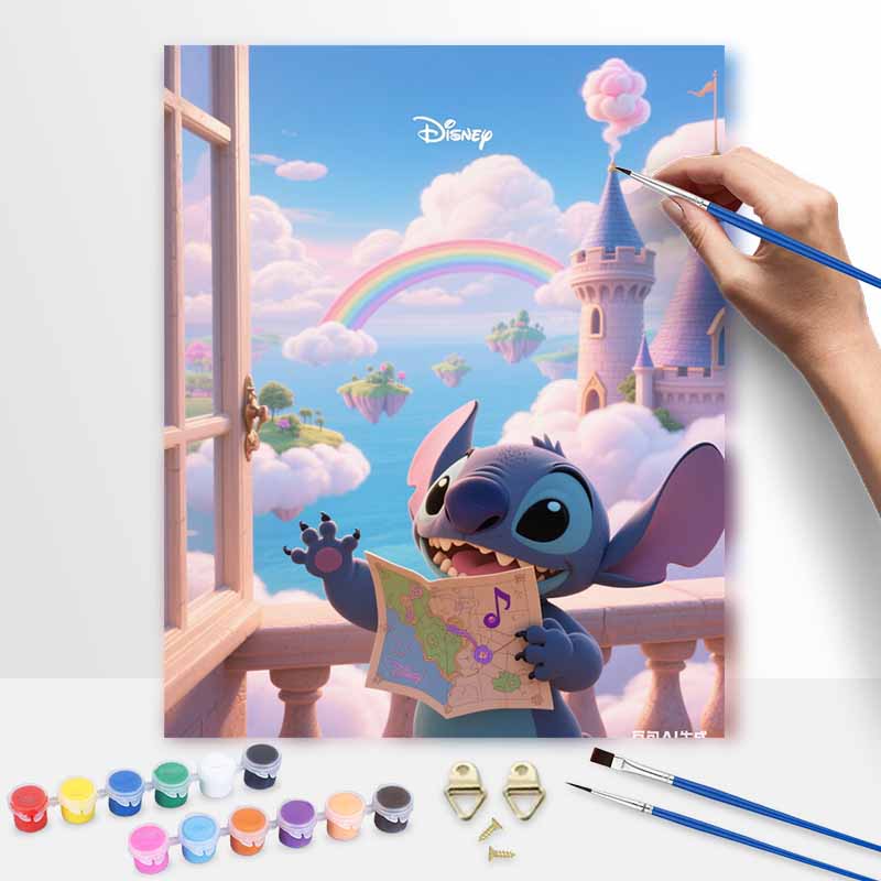 Disney Stitch rainbow castle oil painting handcolored painting living room decoration hanging painting wall painting 20x30cm