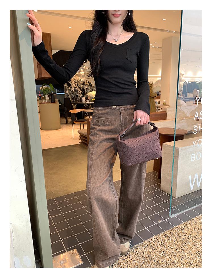 Korean Style Pink V-Neck Slimming Cropped Long Sleeve Women's Top - Autumn/Winter Collection