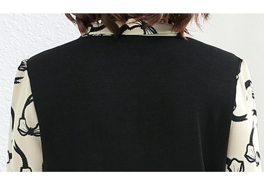 Stylish Printed Bow Tie Chiffon Top for Middle-Aged and Elderly Women – Loose Fit, Long-Sleeved, Plus Size