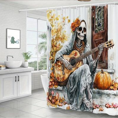 Strašidelný kostlivec kytarista Vodotěsná sprchová závěsa odolná proti plísním - Halloweenský design pro strašidelný zážitek z výzdoby koupelny