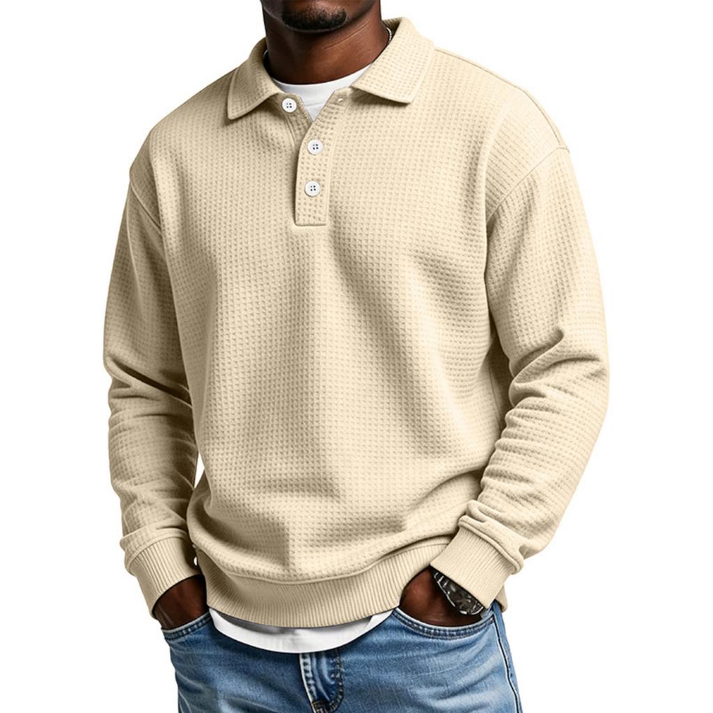 Men's Casual Long Sleeve Waffle Knit Polo Shirt Button Collar Pullover Lightweight Comfortable Fit Layering Top