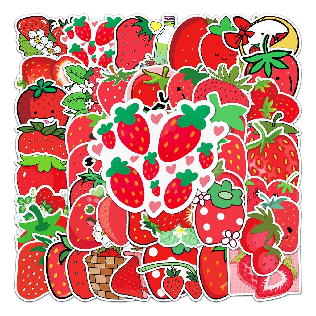 50 Strawberry Cartoon Stickers for Laptop, Car, Scooter, and Luggage